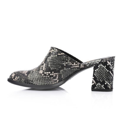 Black Self-Printed Leather Heeled Mules