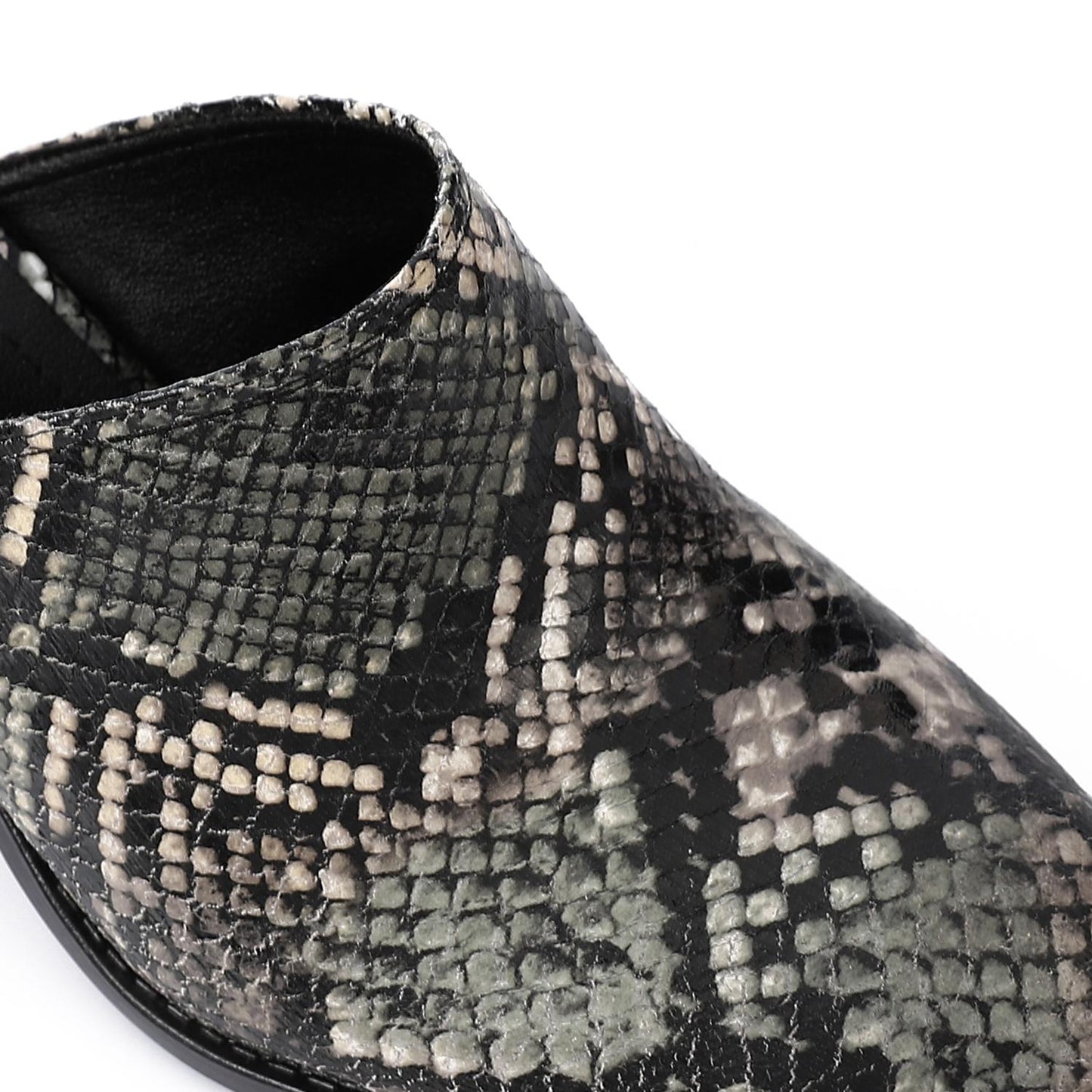 Black Self-Printed Leather Heeled Mules