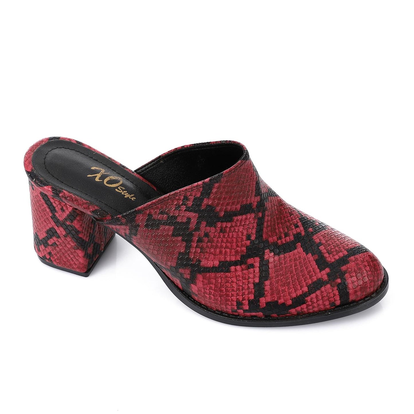 Burgundy Self-Printed Leather Heeled Mules