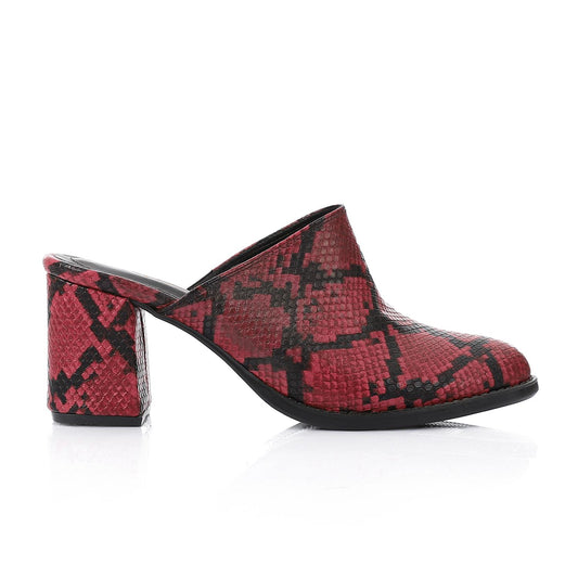 Burgundy Self-Printed Leather Heeled Mules