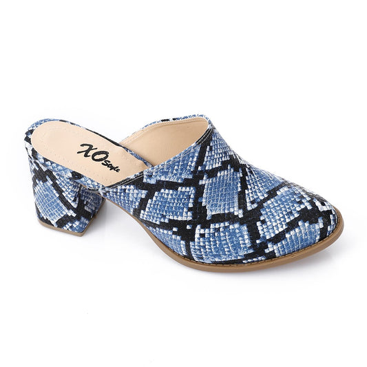 Navy Self-Printed Leather Heeled Mules
