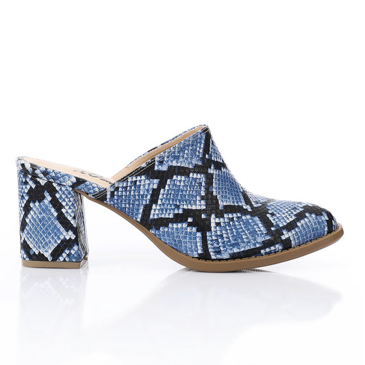 Navy Self-Printed Leather Heeled Mules