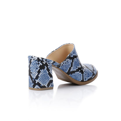 Navy Self-Printed Leather Heeled Mules