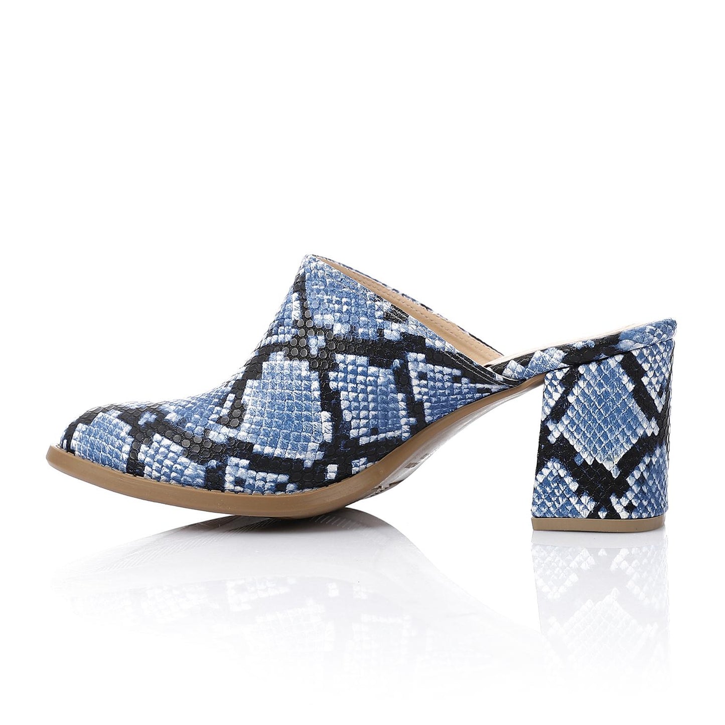 Navy Self-Printed Leather Heeled Mules