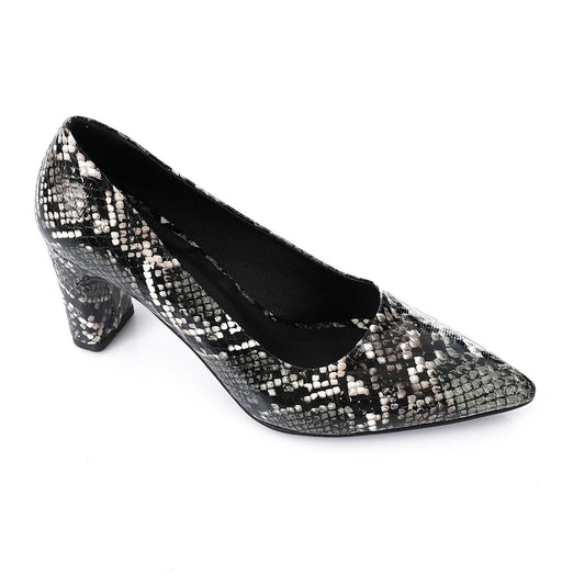 Black Self-Printed Leather Heeled Shoes