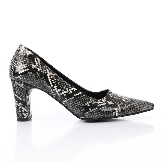 Black Self-Printed Leather Heeled Shoes