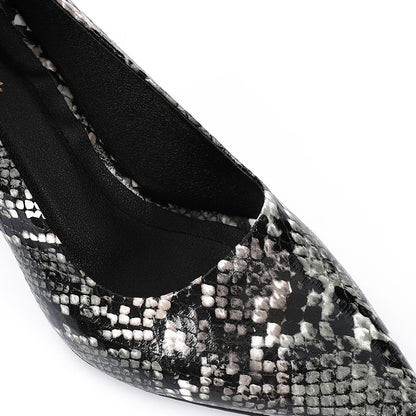 Black Self-Printed Leather Heeled Shoes