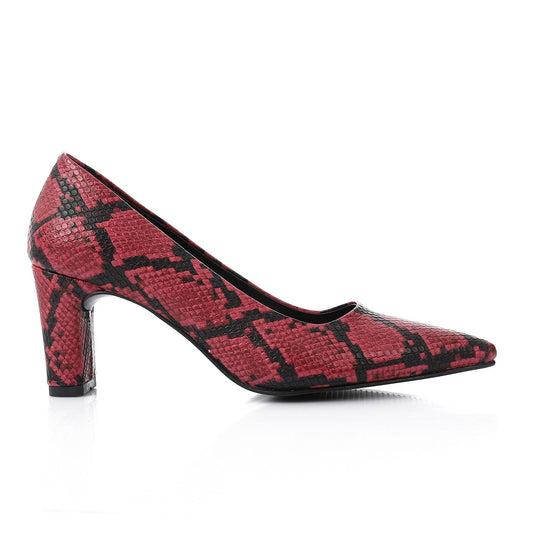Burgundy Self-Printed Leather Heeled Shoes