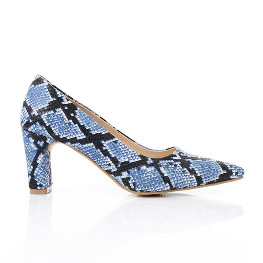Navy Self-Printed Leather Heeled Shoes
