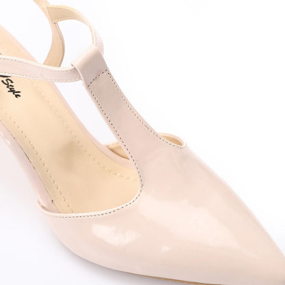Shiny Beige T-Strap Heeled Shoes