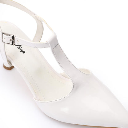 Glossy White T-Strap Heeled Shoes