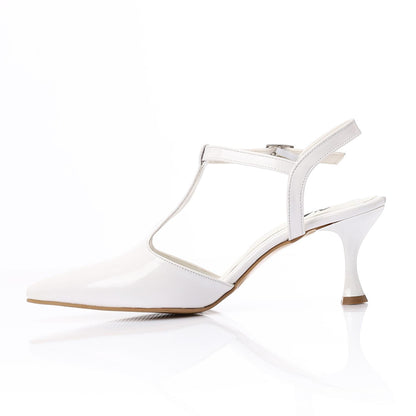 Glossy White T-Strap Heeled Shoes