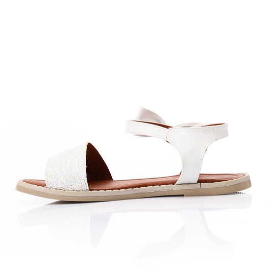 White Glitter Side Bow Flat Sandal for Girls