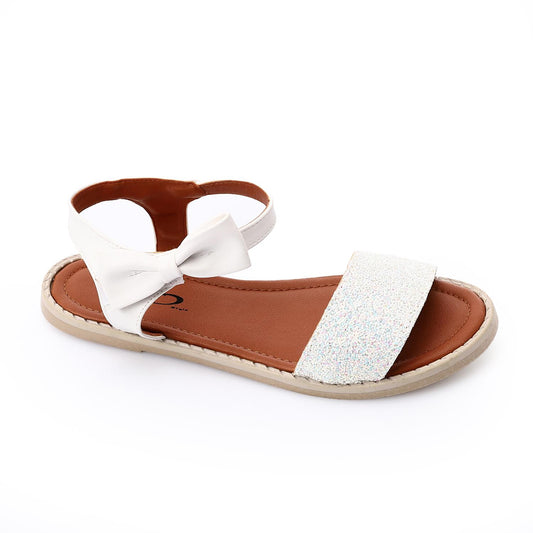 White Glitter Side Bow Flat Sandal for Girls