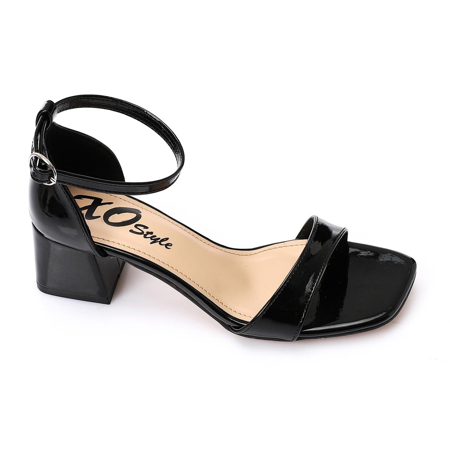 Shiny Black Ankle Strap Block Heel Sandal