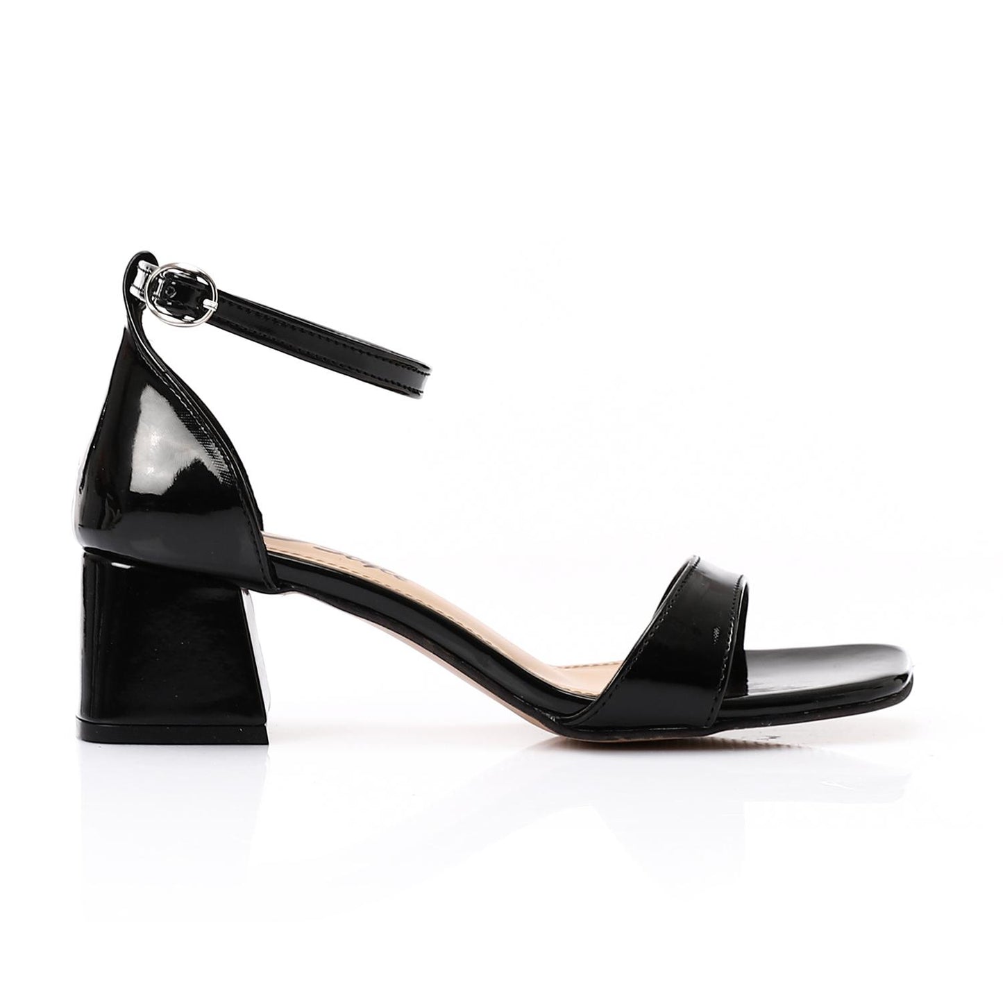 Shiny Black Ankle Strap Block Heel Sandal