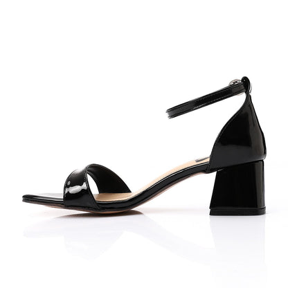 Shiny Black Ankle Strap Block Heel Sandal