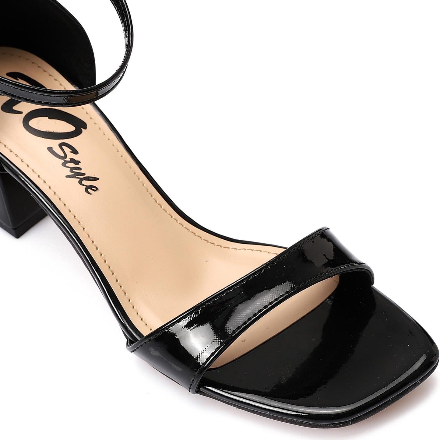 Shiny Black Ankle Strap Block Heel Sandal