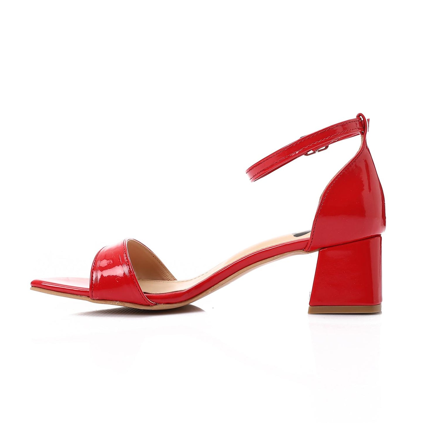 Shiny Red Ankle Strap Block Heel Sandal