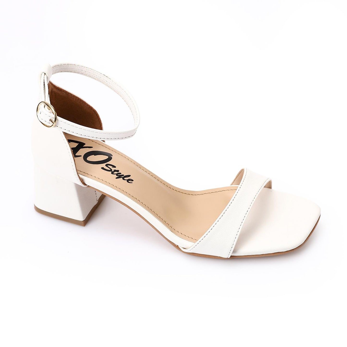 White Ankle Strap Block Heel Sandal