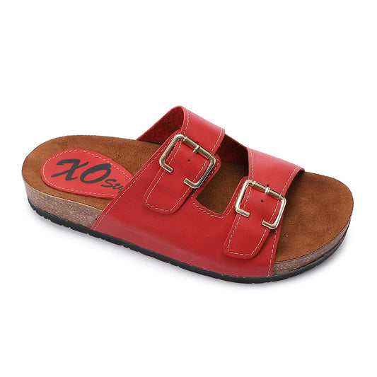 Red Double Buckle Flat Slipper