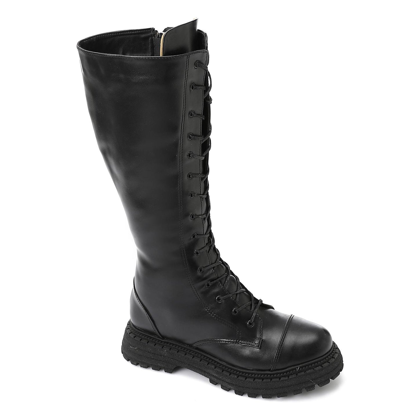 Black Lace-up Knee High Boot - بوت للركبة أسود برباط