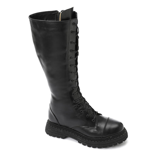 Black Lace-up Knee High Boot - بوت للركبة أسود برباط