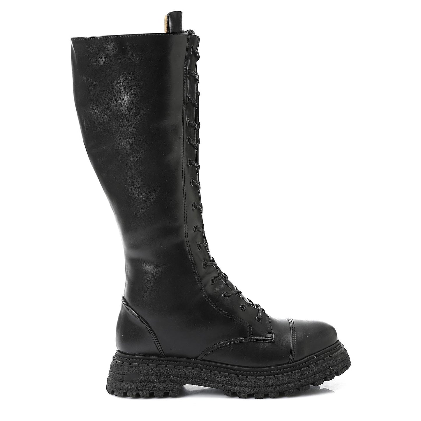 Black Lace-up Knee High Boot - بوت للركبة أسود برباط