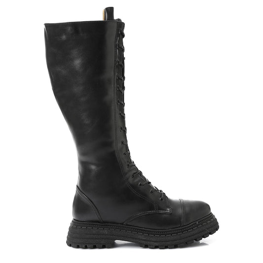 Black Lace-up Knee High Boot - بوت للركبة أسود برباط