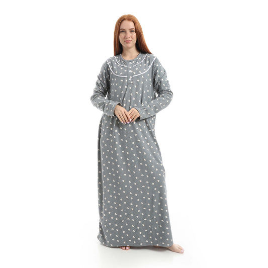 Gray Full Printed Long Sleeve Nightgown