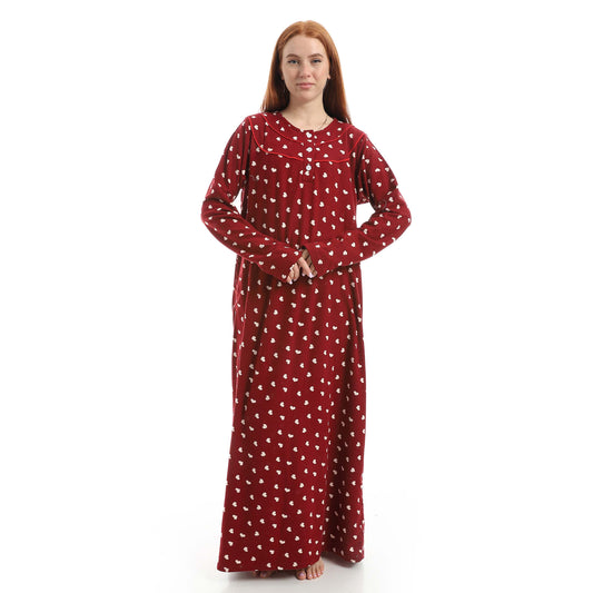 Maroon Full Printed Long Sleeve Nightgown