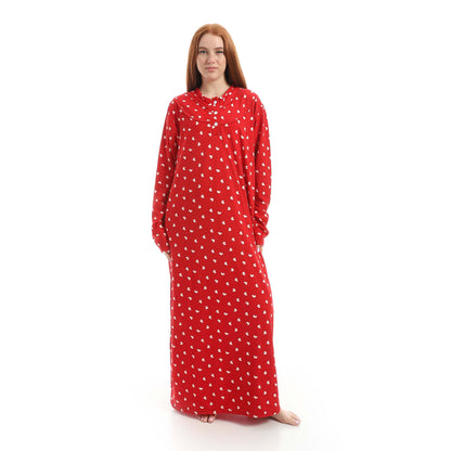 Red Full Printed Long Sleeve Nightgown