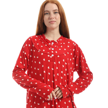 Red Full Printed Long Sleeve Nightgown
