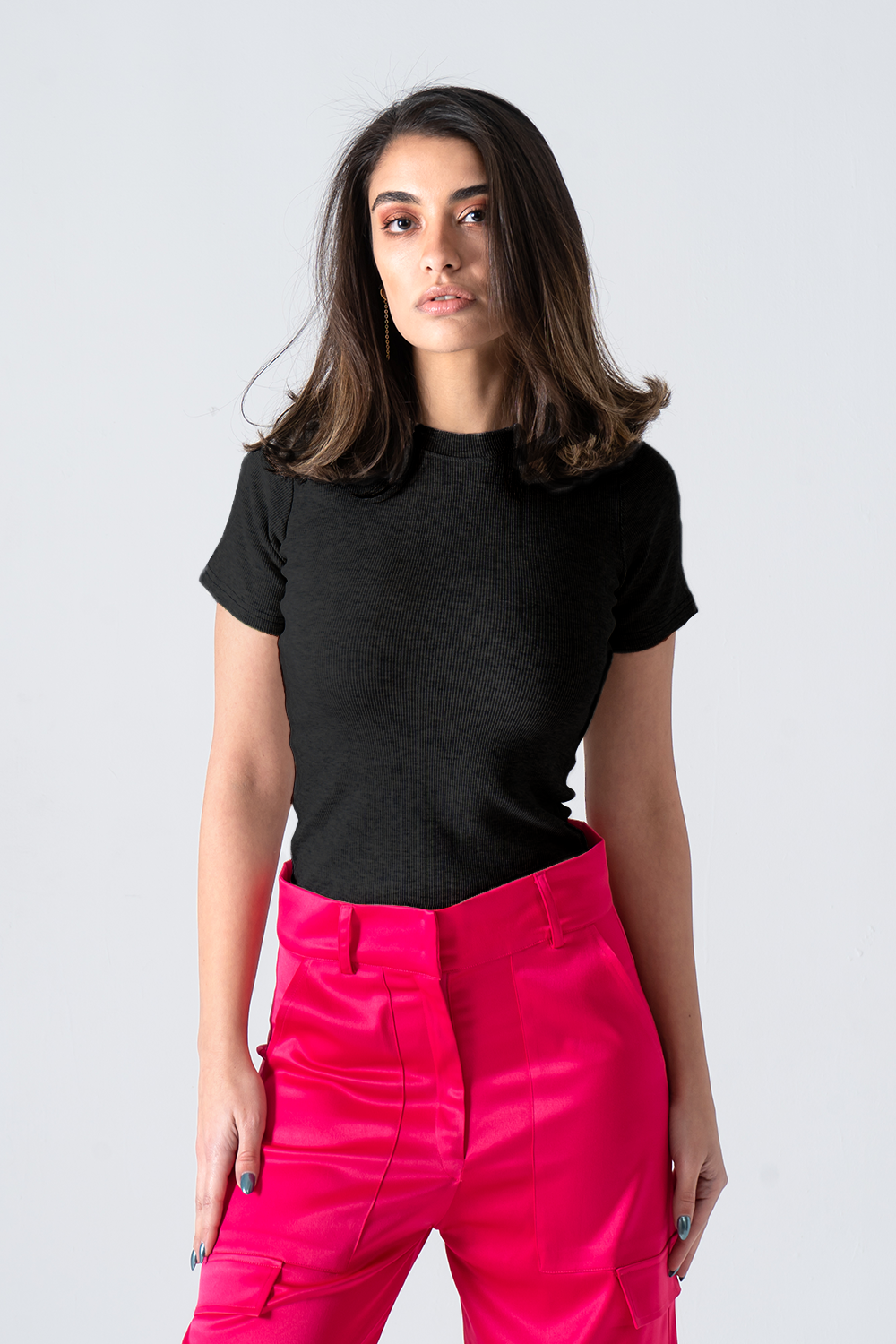 Okoye Black Short Sleeves Ribbed Top