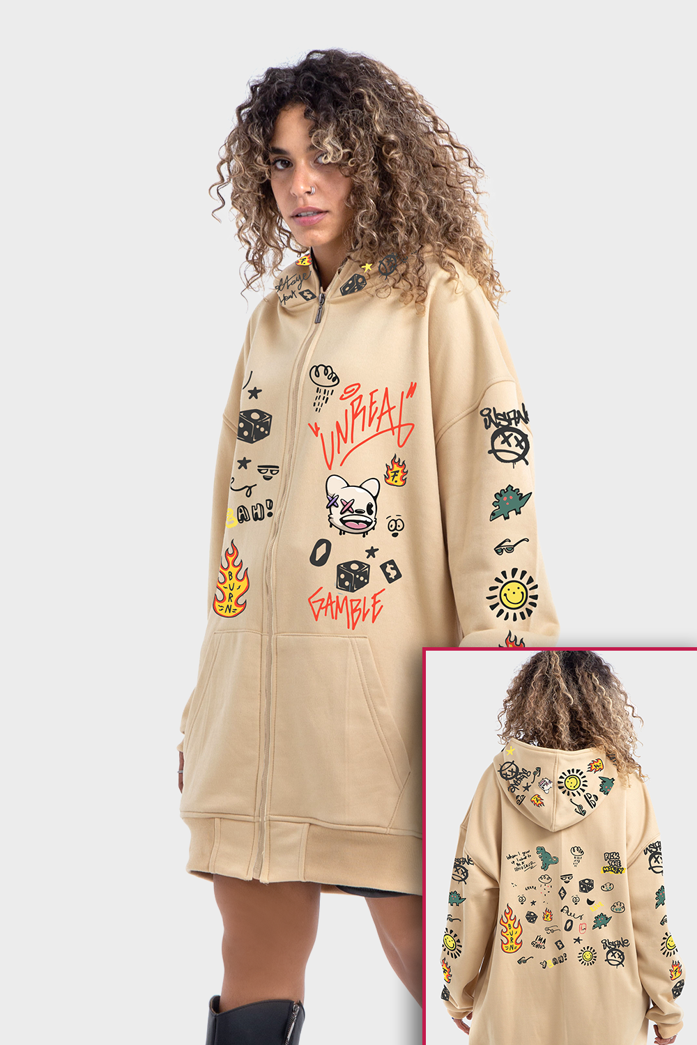 Okoye Premium Line, Beige Extra Oversized Printed Hoodie