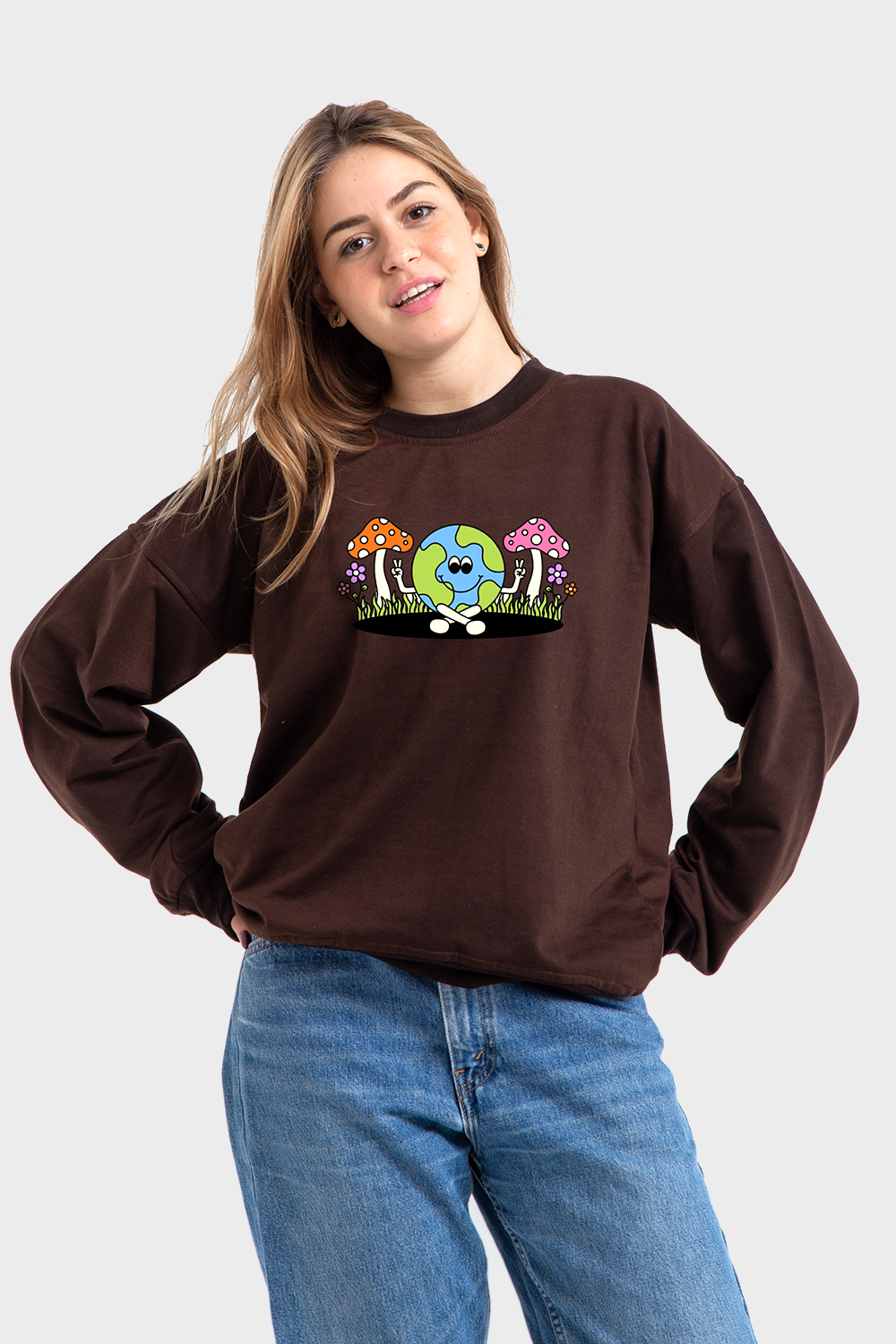 So-Off Brown Oversized Crew Printed Sweatshirt