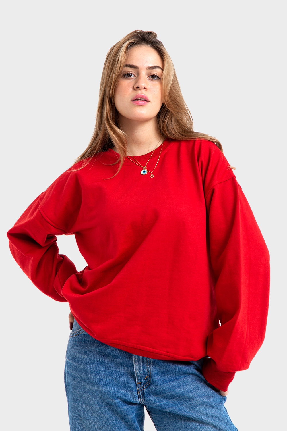 So-Off Red Oversized Crew Printed Sweatshirt