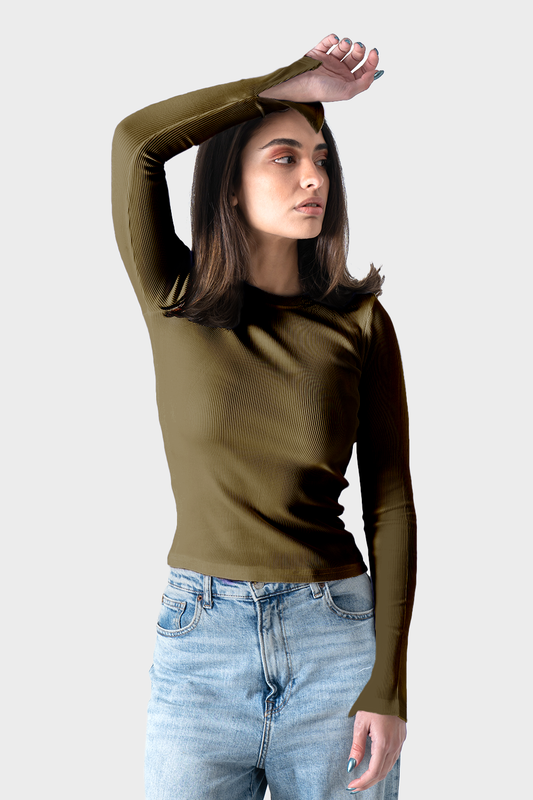 Okoye Olive Ribbed Top With Bracelet Slit