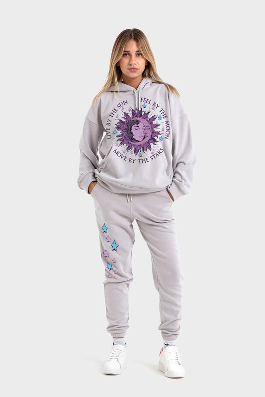 طقم مطبوع مكون من قطعتين هودي وسويت بانتس، رمادي فاتح