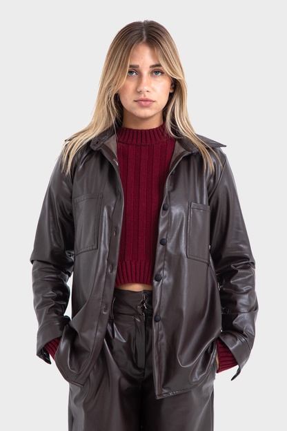 Dark Brown Regular Fit Leather Shirt