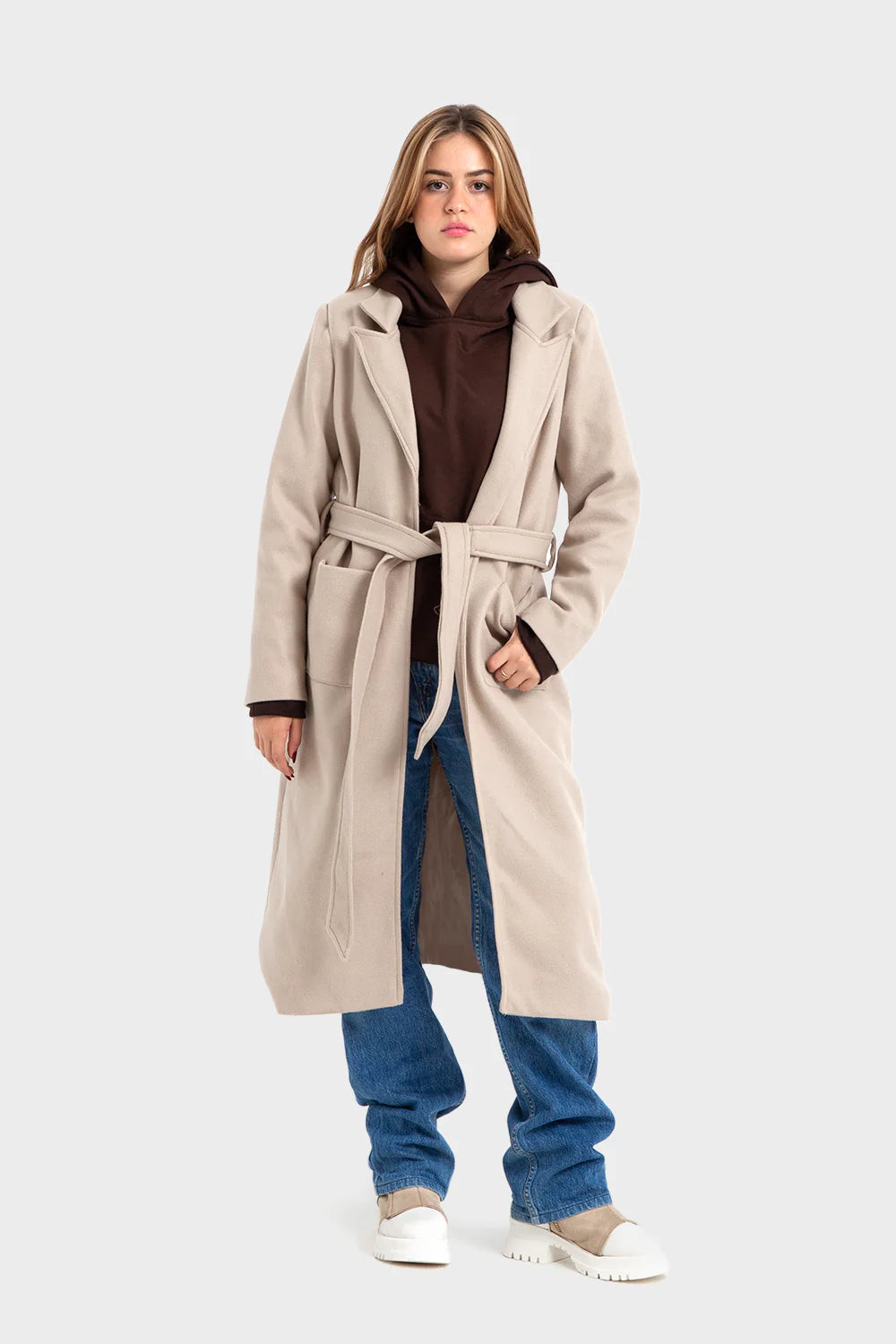 Classic Beige Coat with Tie-Belt