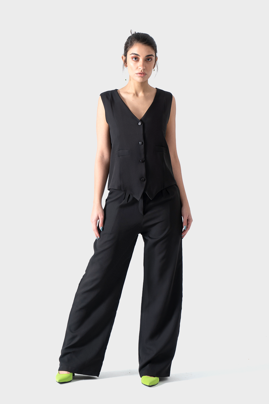 Black Loose Fit Vest Suit, Set Of 2 Pieces