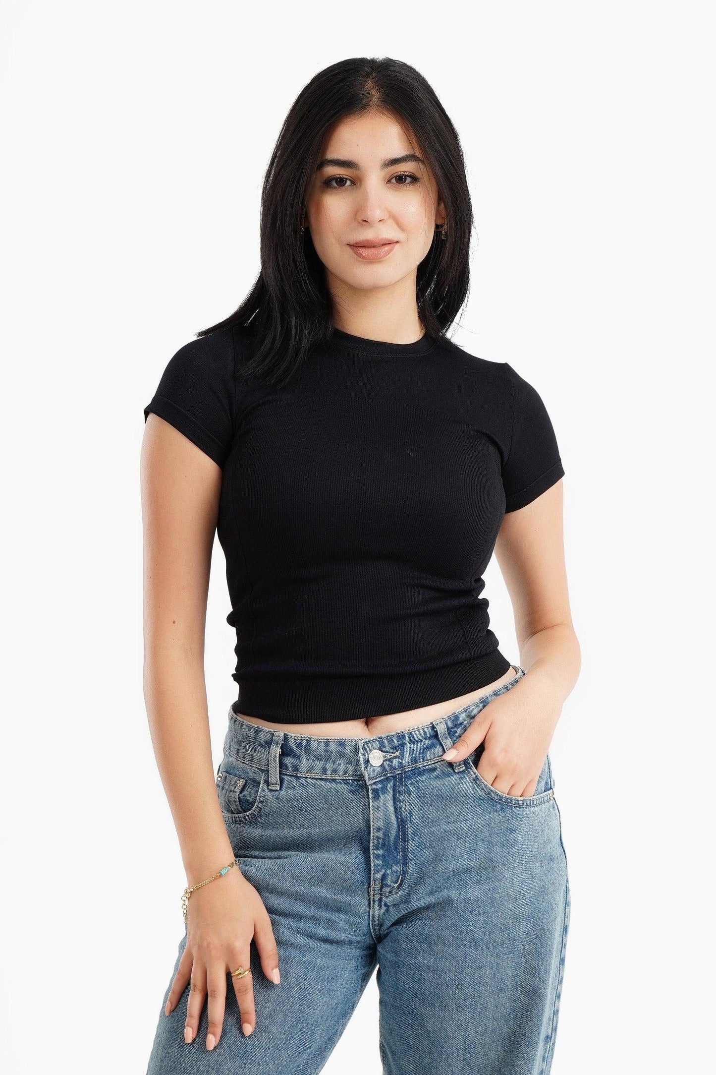 Black Microfiber Short Sleeves Top