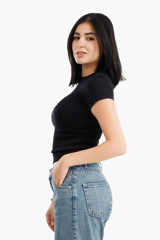 Black Microfiber Short Sleeves Top