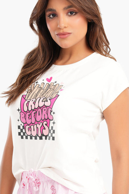 بلوزة بيجاما مطبوعة باللون الأبيض العاجي