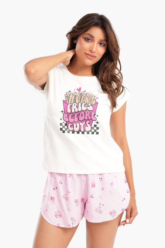 بلوزة بيجاما مطبوعة باللون الأبيض العاجي