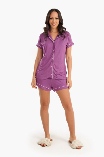 Purple Viscose Piping Pyjama Set