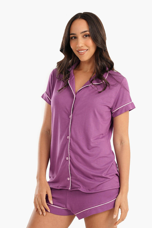 Purple Viscose Piping Pyjama Set