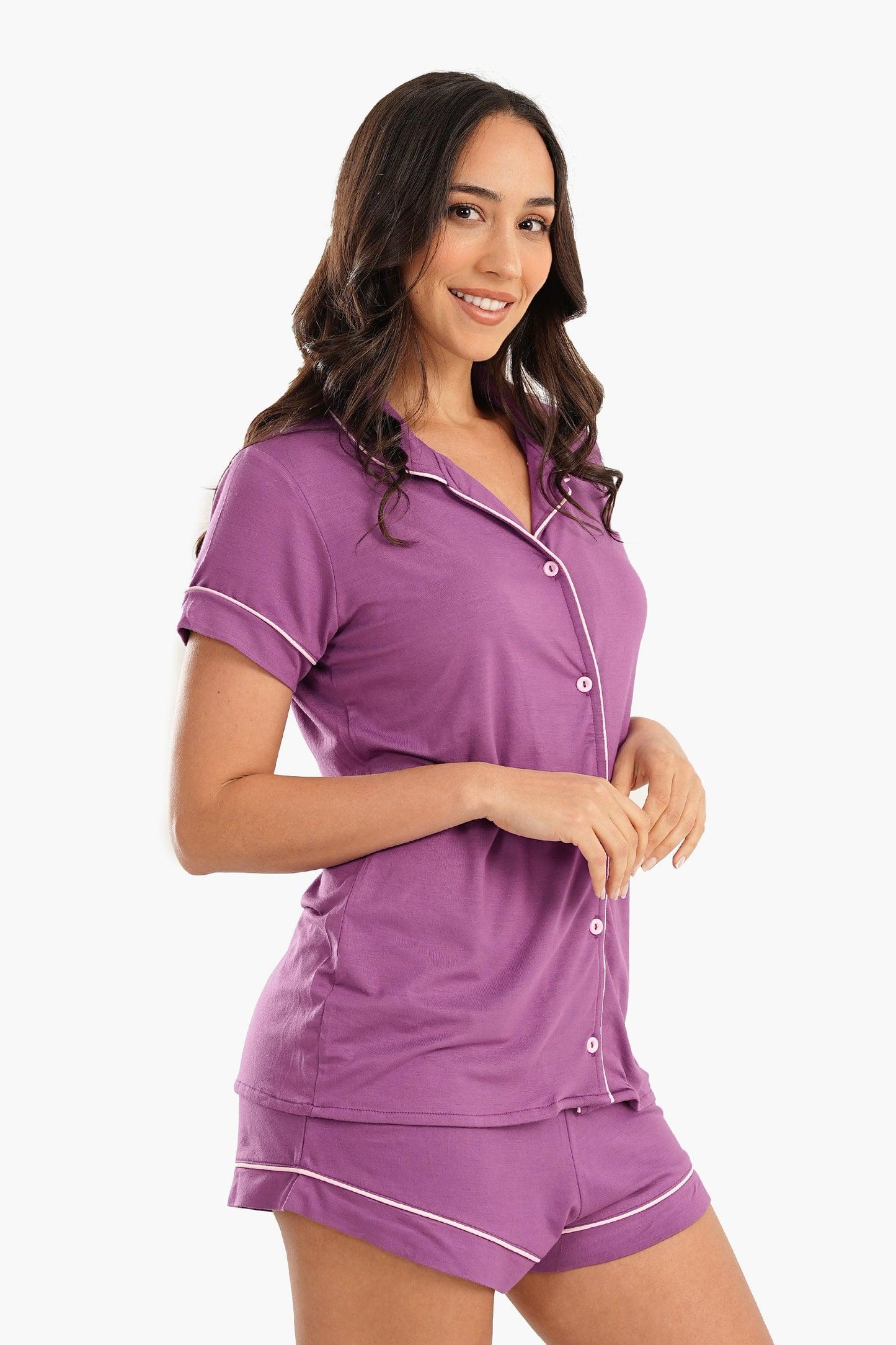 Purple Viscose Piping Pyjama Set