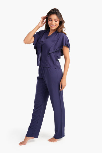 طقم بيجامة بأكمام مكشكشة بلون أرجواني فاتح